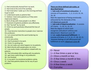 1. I feel emotionally drained from my work.
2. I feel tired at the end of the workday.
3. I feel tired when I wake up in the morning and have
to go to work
4. I understand easily as patients feel.
5. I believe I treat some patients as if they were
impersonal objects.
6. Work all day with many people is an effort.
7. Treatment of patients problems very effectively.
8. I feel "burned" by my work.
9. I think my work positively influenced the lives of
people.
10. I have become insensitive to people since I exercise
this profession.
11. I am concerned that this work hardening me
emotionally.
12. I am very active.
13. I feel frustrated in my work.
14. I think I'm working too.
15. I do not really care what happens to my patients.
16. Work directly with people gives me stress .
17. I can easily create a atmosphere relaxed with my
patients.
18. I feel stimulated after working with my patients.
19. I got many useful things in my profession.
20. I am finished.
21. In my work I try emotional problems calmly.
22. I feel that patients blame me for any of your
problems
There are three defined sub-scales, as
described below:
1. Sub-scale of emotional exhaustion . It
consists of 9 questions. : 1, 2, 3, 6, 8, 13, 14,
16, 20
Rate the experience of being emotionally
exhausted by the demands of the
job.Maximum score 54
2. Sub-scale of depersonalization . It consists
of 5 items. : 5, 10, 11, 15, 22
Rate the degree to which each
recognizes attitudesof coldness and
detachment. Maximum score 30
3. Sub -scale of personal fulfillment . It
consists of 8 items. 4, 7, 9, 12, 17, 18, 19, 21.
Assesses feelings of self efficacyand self-
fulfillment at work. Maximum score 48
0 = Never
1 = A few times a year or less
2 = Once a month or less
3 = A few times a month or less
4 = Once a week
5 = A few times a week
6 = Everyday 53
 