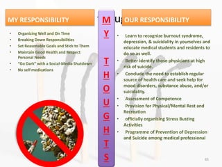 My thoughtsMY RESPONSIBILITY
• Learn to recognize burnout syndrome,
depression, & suicidality in yourselves and
educate medical students and residents to
do so as well.
• Better identify those physicians at high
risk of suicide.
• Conclude the need to establish regular
source of health care and seek help for
mood disorders, substance abuse, and/or
suicidality.
• Assessment of Competence
• Provision for Physical/Mental Rest and
Recreation
• officially organising Stress Busting
Activities
• Programme of Prevention of Depression
and Suicide among medical professional
OUR RESPONSIBILITY
• Organizing Well and On Time
• Breaking Down Responsibilities
• Set Reasonable Goals and Stick to Them
• Maintain Good Health and Respect
Personal Needs
• “Go Dark” with a Social-Media Shutdown
• No self medications
65
M
Y
T
H
O
U
G
H
T
S
 