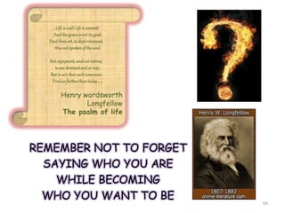 REMEMBER NOT TO FORGET
SAYING WHO YOU ARE
WHILE BECOMING
WHO YOU WANT TO BE 69
 