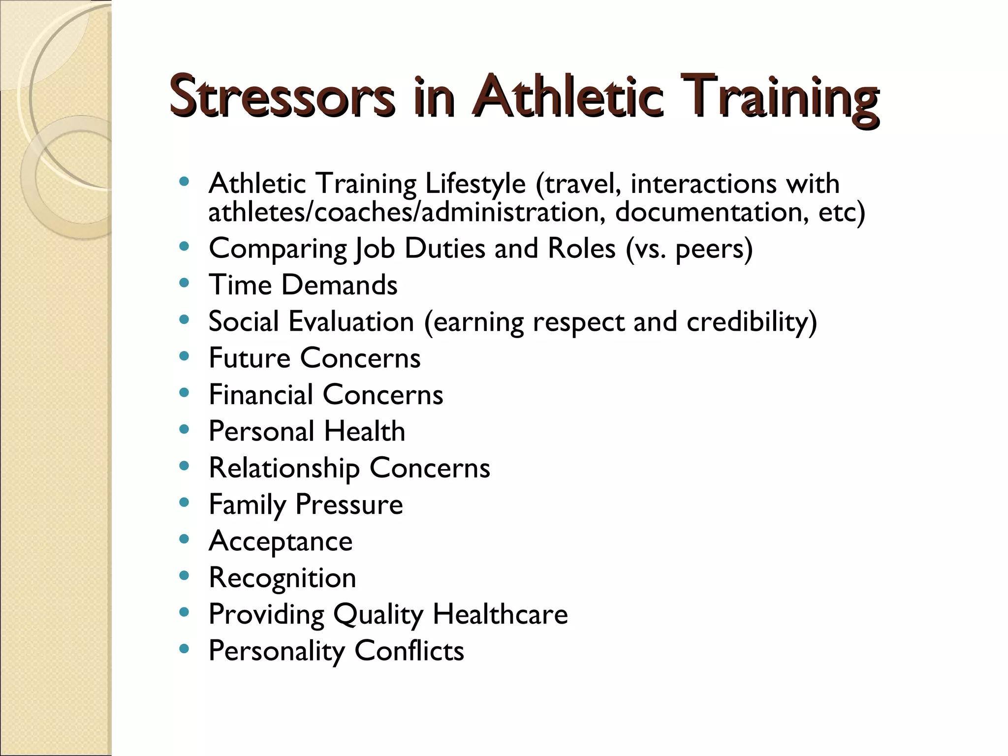 Stressors in Athletic Training Athletic Training Lifestyle (travel, interactions with athletes/coaches/administration, documentation, etc) Comparing Job Duties and Roles (vs. peers) Time Demands  Social Evaluation (earning respect and credibility) Future Concerns  Financial Concerns Personal Health Relationship Concerns  Family Pressure Acceptance  Recognition Providing Quality Healthcare  Personality Conflicts  