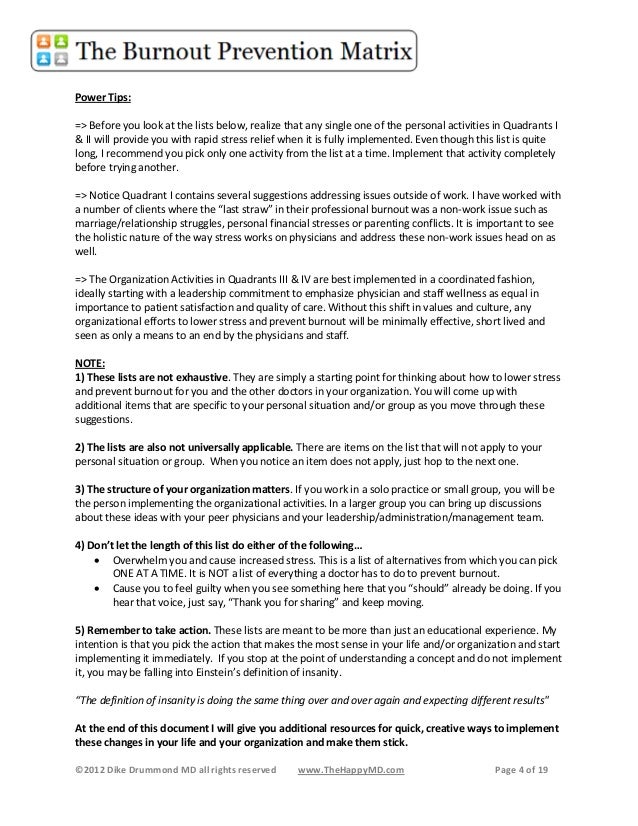 dike drummonds burnout prevention matrix 117 ways doctors can lower doctors note for stress