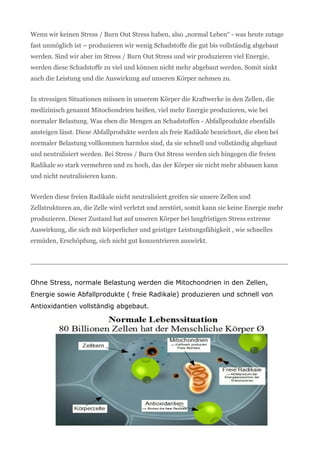Wenn wir keinen Stress / Burn Out Stress haben, also „normal Leben“ - was heute zutage
fast unmöglich ist – produzieren wir wenig Schadstoffe die gut bis vollständig abgebaut
werden. Sind wir aber im Stress / Burn Out Stress und wir produzieren viel Energie,
werden diese Schadstoffe zu viel und können nicht mehr abgebaut werden. Somit sinkt
auch die Leistung und die Auswirkung auf unseren Körper nehmen zu.
In stressigen Situationen müssen in unserem Körper die Kraftwerke in den Zellen, die
medizinisch genannt Mitochondrien heißen, viel mehr Energie produzieren, wie bei
normaler Belastung. Was eben die Mengen an Schadstoffen - Abfallprodukte ebenfalls
ansteigen lässt. Diese Abfallprodukte werden als freie Radikale bezeichnet, die eben bei
normaler Belastung vollkommen harmlos sind, da sie schnell und vollständig abgebaut
und neutralisiert werden. Bei Stress / Burn Out Stress werden sich hingegen die freien
Radikale so stark vermehren und zu hoch, das der Körper sie nicht mehr abbauen kann
und nicht neutralisieren kann.
Werden diese freien Radikale nicht neutralisiert greifen sie unsere Zellen und
Zellstrukturen an, die Zelle wird verletzt und zerstört, somit kann sie keine Energie mehr
produzieren. Dieser Zustand hat auf unseren Körper bei langfristigen Stress extreme
Auswirkung, die sich mit körperlicher und geistiger Leistungsfähigkeit , wie schnelles
ermüden, Erschöpfung, sich nicht gut konzentrieren auswirkt.
______________________________________________________________
Ohne Stress, normale Belastung werden die Mitochondrien in den Zellen,
Energie sowie Abfallprodukte ( freie Radikale) produzieren und schnell von
Antioxidantien vollständig abgebaut.
 