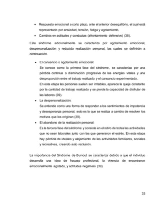 33
 Respuesta emocional a corto plazo, ante el anterior desequilibrio, el cual está
representado por ansiedad, tensión, fatiga y agotamiento.
 Cambios en actitudes y conductas (afrontamiento defensivo) (38).
Este síndrome adicionalmente se caracteriza por agotamiento emocional,
despersonalización y reducida realización personal, las cuales se definirán a
continuación.
 El cansancio o agotamiento emocional:
Se conoce como la primera fase del síndrome, se caracteriza por una
pérdida continua o disminución progresiva de las energías vitales y una
desproporción entre el trabajo realizado y el cansancio experimentado.
En esta etapa las personas suelen ser irritables, aparece la queja constante
por la cantidad de trabajo realizado y se pierde la capacidad de disfrutar de
las labores (39).
 La despersonalización:
Se entiende como una forma de responder a los sentimientos de impotencia
y desesperanza personal, esto es lo que se realiza a cambio de resolver los
motivos que los originan (39).
 El abandono de la realización personal:
Es la tercera fase del síndrome y consiste en el retiro de todas las actividades
que no sean laborales junto con las que generaron el estrés. En esta etapa
hay pérdida de ideales y alejamiento de las actividades familiares, sociales
y recreativas, creando auto reclusión.
La importancia del Síndrome de Burnout se caracteriza debido a que el individuo
desarrolla una idea de fracaso profesional, la vivencia de encontrarse
emocionalmente agotado, y actitudes negativas (39)
 