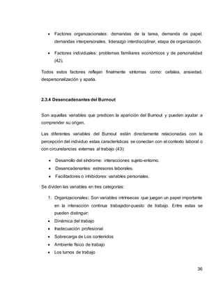 36
 Factores organizacionales: demandas de la tarea, demanda de papel,
demandas interpersonales, liderazgo interdisciplinar, etapa de organización.
 Factores individuales: problemas familiares económicos y de personalidad
(42).
Todos estos factores reflejan finalmente síntomas como: cefalea, ansiedad,
despersonalización y apatía.
2.3.4 Desencadenantes del Burnout
Son aquellas variables que predicen la aparición del Burnout y pueden ayudar a
comprender su origen.
Las diferentes variables del Burnout están directamente relacionadas con la
percepción del individuo estas características se conectan con el contexto laboral o
con circunstancias externas al trabajo (43):
 Desarrollo del síndrome: interacciones sujeto-entorno.
 Desencadenantes: estresores laborales.
 Facilitadores o inhibidores: variables personales.
Se dividen las variables en tres categorías:
1. Organizacionales: Son variables intrínsecas que juegan un papel importante
en la interacción continua trabajador-puesto de trabajo. Entre estas se
pueden distinguir:
 Dinámica del trabajo
 Inadecuación profesional
 Sobrecarga de Los contenidos
 Ambiente físico de trabajo
 Los turnos de trabajo
 