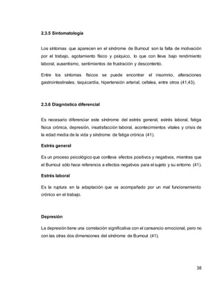 38
2.3.5 Sintomatología
Los síntomas que aparecen en el síndrome de Burnout son la falta de motivación
por el trabajo, agotamiento físico y psíquico, lo que con lleva bajo rendimiento
laboral, ausentismo, sentimientos de frustración y descontento.
Entre los síntomas físicos se puede encontrar el insomnio, alteraciones
gastrointestinales, taquicardia, hipertensión arterial, cefalea, entre otros (41,43).
2.3.6 Diagnóstico diferencial
Es necesario diferenciar este síndrome del estrés general, estrés laboral, fatiga
física crónica, depresión, insatisfacción laboral, acontecimientos vitales y crisis de
la edad media de la vida y síndrome de fatiga crónica (41).
Estrés general
Es un proceso psicológico que conlleva efectos positivos y negativos, mientras que
el Burnout sólo hace referencia a efectos negativos para el sujeto y su entorno (41).
Estrés laboral
Es la ruptura en la adaptación que va acompañado por un mal funcionamiento
crónico en el trabajo.
Depresión
La depresión tiene una correlación significativa con el cansancio emocional, pero no
con las otras dos dimensiones del síndrome de Burnout (41).
 