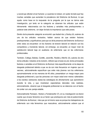 83
y social que afectan al ser humano y a quienes lo rodean, sin quitar de lado que hay
muchas variables que aumentan la prevalencia del Síndrome de Burnout, lo que
ayuda como base en la respuesta de la pregunta por la que se deriva esta
investigación, por tanto en la categoría se observan los artículos que están
íntimamente relacionados con los factores y variables más predisponentes a
padecer este síndrome, sin dejar de lado la importancia que este posee.
Dentro de la presente categoría se encontró que Isabel ríos y Godoy (4), autores de
uno de los artículos revisados, hablan acerca de que existen factores
predisponentes y significativos para que se dé la presencia del Síndrome de Burnout
entre estos se encuentran en los factores de tensión laboral en relación con los
compañeros y monotonía laboral, sin embargo, se encuentra un mayor nivel de
satisfacción laboral bajo en auxiliares de enfermería que en las enfermeras
profesionales.
También, Collogo, Batista, Cantillo, Jaramillo, Rodelo y Meriño (5), autores de otro
de los artículos incluidos en la revisión, refieren que el sexo es uno de los principales
factores o variables en el Síndrome de Burnout más específicamente en la etapa de
desgaste profesional debido a que se da con más frecuencia en mujeres que en
varones, adicionalmente especifican que entre más jóvenes son los enfermeros
aproximadamente en los menores de 40 años, presentaban un riesgo mayor para
desgaste profesional y que las personas con mayor edad eran menos vulnerables
a los eventos estresores dadas las estrategias de afrontamiento que aprendieron
durante la vida, y que mostraban expectativas laborales más realistas,
adicionalmente, observó que el desgaste profesional no se relaciona con el hecho
de contar con una pareja estable.
Adicionalmente Panizzon, Hecker y Fensterseifer (7), en su investigación se dieron
cuenta que el sexo femenino es un factor que predispone aún más el padecimiento
de Síndrome de Burnout, más que por el mismo sexo es porque los trabajadores de
enfermería son más femeninos que masculinos, adicionalmente aclaran que el
 