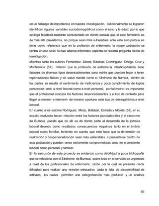 93
en un hallazgo de importancia en nuestra investigación, Adicionalmente se lograron
identificar algunas variables sociodemográficas como el sexo y la edad, por lo que
se llegó hipótesis bastante considerable en donde postula que el sexo femenino es
de más alta prevalencia, no porque sean más vulnerables ante este sino porque se
tiene como referencia que en la profesión de enfermería la mayor población se
centra en ese sexo, lo cual abarca diferentes aspecto de nuestra pregunta inicial de
investigación.
Mientras tanto los autores Fernández, Zarate, Bautista, Domínguez, Ortega, Cruz y
Montesinos (57), refieren que la profesión de enfermería intrahospitalaria tiene
factores de diversos tipos desencadenantes para estrés que pueden llegar a tener
repercusiones físicas y de salud mental como el Síndrome de Burnout, dentro de
las cuales se resalta el sentimiento de ineficiencia y poco cumplimiento de logros
personales tanto a nivel laboral como a nivel personal, por tal motivo es importante
que el profesional conozca los factores desencadenantes y el tipo de contexto para
llegar a prevenir e intervenir de manera oportuna este tipo de desequilibrios a nivel
laboral.
En cuanto a los autores Rodríguez, Meza, Baltazar, Estrada y Aldrete (58), en su
estudio realizado hacen relación entre los factores psicolaborales y el síndrome
de Burnout, puesto que de allí es de donde parte el desarrollo de la jornada
laboral dejando como resultados consecuencias negativas tanto en el ámbito
laboral como familiar, teniendo en cuenta que esto hace que la dimensión de
realización y despersonalización sean más vulnerables a presentarse dentro de
esta población y puedan verse seriamente comprometidas tanto en el ambiente
laboral como personal y familiar.
En la ejecución de este proyecto se evidencio como debilidad la poca bibliografía
que se relaciona con el Síndrome de Burnout, sobre todo en el servicio de urgencias
a nivel de los profesionales de enfermería; razón por la cual se presentó cierta
dificultad para realizar una revisión exhaustiva dada la falta de disponibilidad de
artículos, los cuales permiten una categorización más profunda y un análisis
 