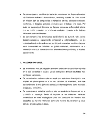96
 Se correlacionaron las diferentes variables que pueden ser desencadenantes
del Síndrome de Burnout como el sexo, la edad y factores del clima laboral
en relación con los compañeros y monotonía laboral, satisfacción laboral,
indolencia, el desgaste psíquico, desilusión por el trabajo y la culpa. Por
tanto, se evidencia el Síndrome de Burnout como una enfermedad laboral
que se puede presentar por medio de cualquier contexto y de factores
intrínsecos como extrínsecos.
 Se caracterizaron las dimensiones del Síndrome de Burnout, tales como:
despersonalización, agotamiento emocional y autorrealización, en los
profesionales de enfermería en los servicios de urgencias, se determinó que
estas dimensiones se presentan en grados diferentes, dependiendo de la
institución en la cual se realizaban las diferentes investigaciones y la muestra
seleccionada.
7. RECOMENDACIONES.
 Se recomienda realizar proyectos similares ampliando la ubicación espacial
en la cual se realice el estudio, ya que esto puede brindar resultados más
confiables y precisos.
 Se recomienda a quienes quieran seguir con este tema investigativo que
amplíen el tipo de población a no solo personal de enfermería, sino que
adicionalmente a otras personas del equipo interdisciplinario como médicos,
terapeutas, entre otros.
 Se recomienda a estudios próximos, dar un seguimiento transversal en la
población a investigar frente al impacto de las diferentes variables
identificadas en esta investigación para así corroborar de manera más
específica su impacto y tomarlas como una manera de prevención y salud
para los profesionales de salud.
 