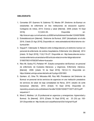 98
BIBLIOGRAFÍA
1. Cervantes EP, Guerrero N, Gutiérrez TZ, Mestra OP. Síndrome de Burnout en
estudiantes de enfermería en tres instituciones de educación superior.
Cartagena de indias, 2014. Ciencia y salud [Internet]. 2009. [citado 16 Sept
2016]; 1(1):643–55. Disponible en:
http://siacurn.app.curnvirtual.edu.co:8080/xmlui/bitstream/handle/123456789/86
2. Estreslaboral.com [Internet]. Síndrome de Burnout. 2007. [Actualizado en el año
2016, Citado 23 Ago 2016]. Disponible en: www.estreslaboral.info/sindrome-de-
burnout.htm
3. Seguel F, Valenzuela S. Relación entre la fatiga laboral y el síndrome burnout en
personal de enfermería de centros hospitalarios. Enfermería Univ [Internet]. 2014
[citado 16 Sept 2016]; 11(4):119–27. Disponible en: http://www.elsevier.es/es-
revista-enfermeria-universitaria-400-articulo-relacion-entre-fatiga-laboral-el-
S1665706314709236?referer=buscador
4. Ríos MI, Godoy FC, Peñalver HF. Estudio comparativo del Burnout; en personal
de enfermería de Cuidados Intensivos y Urgencias. Enfermería intensiva,
[Internet]. 2008. [citado 16 de Sept 2016]; 19(1):2–13. Disponible en:
https://dialnet.unirioja.es/servlet/articulo?codigo=2551663
5. Quintero JC, Silva TX, Milciades MS, Ruiz MD. Prevalencia del Síndrome de
Burnout en personal de los servicios de urgencias en una institución prestadora
de servicios de salud de baja complejidad de Neiva, 2014: estudio de corte
transversal. [Internet]. 2014. [Citado 16 Sept 2016]. Disponible en:
repository.urosario.edu.co/bitstream/handle/10336/10048/7710577-2015.pdf?
sequence=1
6. Miret C, Martínez LA. El profesional en urgencias y emergencias: Agresividad y
Burnout. Sc [Internet]. 2010. [Citado 16 Sept 2016], vol. 33 (33) pp: 193-
201.Disponible en: http://scielo.isciii.es/pdf/asisna/v33s1/original19.pdf
 