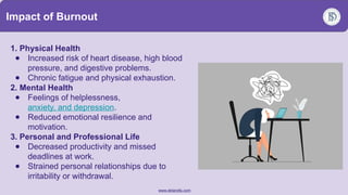 PowerPoint slide highlighting signs of burnout and recovery strategies