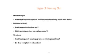 Signs of Burning Out
• Mood changes
• Are they frequently cynical, unhappy or complaining about their work?
• Reduced efficacy
• Are they producing less work?
• Making mistakes they normally wouldn't?
• Tiredness
• Are they regularly staying up late, or missing deadlines?
• Do they complain of exhaustion?
38
 