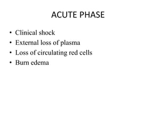 ACUTE PHASE
• Clinical shock
• External loss of plasma
• Loss of circulating red cells
• Burn edema
 