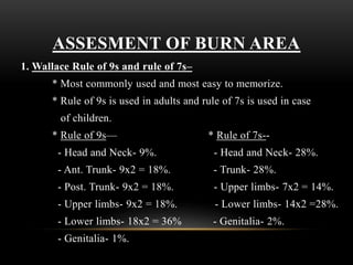 ASSESMENT OF BURN AREA
1. Wallace Rule of 9s and rule of 7s–
* Most commonly used and most easy to memorize.
* Rule of 9s is used in adults and rule of 7s is used in case
of children.
* Rule of 9s— * Rule of 7s--
- Head and Neck- 9%. - Head and Neck- 28%.
- Ant. Trunk- 9x2 = 18%. - Trunk- 28%.
- Post. Trunk- 9x2 = 18%. - Upper limbs- 7x2 = 14%.
- Upper limbs- 9x2 = 18%. - Lower limbs- 14x2 =28%.
- Lower limbs- 18x2 = 36% - Genitalia- 2%.
- Genitalia- 1%.
 