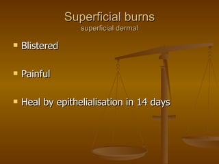 Superficial burns superficial dermal Blistered Painful Heal by epithelialisation in 14 days 
