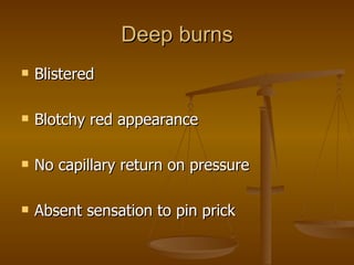 Deep burns Blistered Blotchy red appearance No capillary return on pressure Absent sensation to pin prick 