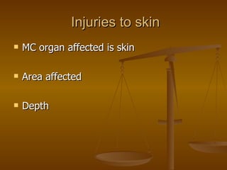 Injuries to skin MC organ affected is skin Area affected Depth  