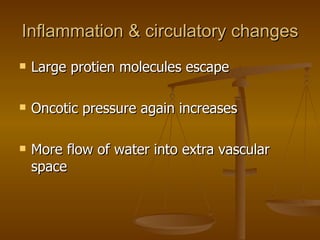 Inflammation & circulatory changes Large protien molecules escape Oncotic pressure again increases More flow of water into extra vascular space 