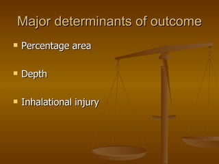 Major determinants of outcome Percentage area Depth Inhalational injury 