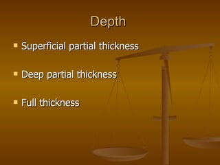 Depth  Superficial partial thickness Deep partial thickness Full thickness 