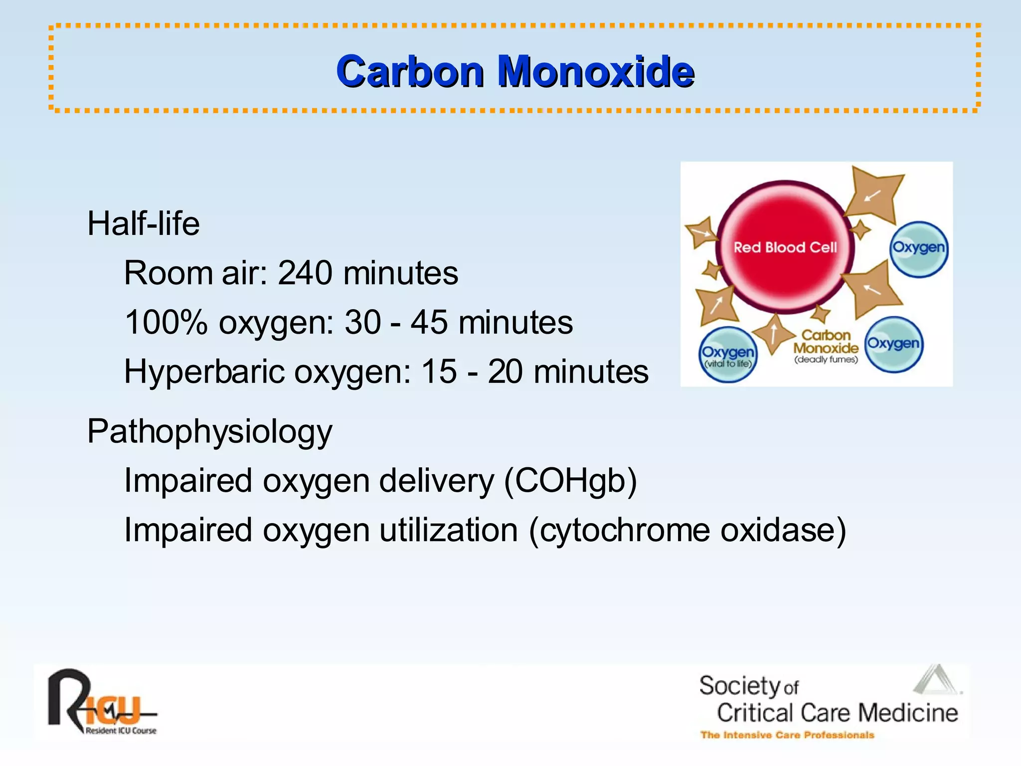Carbon Monoxide Half-life Room air: 240 minutes 100% oxygen: 30 - 45 minutes Hyperbaric oxygen: 15 - 20 minutes Pathophysiology Impaired oxygen delivery (COHgb) Impaired oxygen utilization (cytochrome oxidase) 