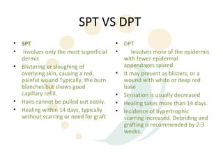 SPT VS DPT
•   SPT                                   •   DPT
•    Involves only the most superficial   •      Involves more of the epidermis
    dermis                                    with fewer epidermal
•   Blistering or sloughing of                appendages spared
    overlying skin, causing a red,        •   It may present as blisters, or a
    painful wound Typically, the burn         wound with white or deep red
    blanches but shows good                   base
    capillary refill.                     •   Sensation is usually decreased
•   Hairs cannot be pulled out easily.    •   Healing takes more than 14 days.
•   Healing within 14 days, typically     •   Incidence of hypertrophic
    without scarring or need for graft        scarring increased. Debriding and
                                              grafting is recommended by 2-3
                                              weeks.
 