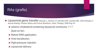 RAs (grafts)
 Liposomal gene transfer Branski L, Pereira CT, Herndon DN, Jeschke MG. Gene therapy in
wound healing: Present Status and Future Directions. Gene Therapy, 2006 Aug 24
 cationic cholesterol-containing liposomal constructs 
(best so far)
 Naked DNA application,
 Viral transfection,
 High-pressure injection
 Liposomal delivery
 