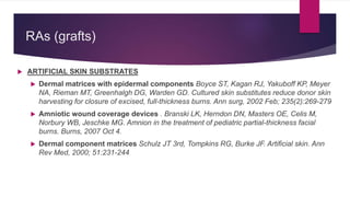 RAs (grafts)
 ARTIFICIAL SKIN SUBSTRATES
 Dermal matrices with epidermal components Boyce ST, Kagan RJ, Yakuboff KP, Meyer
NA, Rieman MT, Greenhalgh DG, Warden GD. Cultured skin substitutes reduce donor skin
harvesting for closure of excised, full-thickness burns. Ann surg, 2002 Feb; 235(2):269-279
 Amniotic wound coverage devices . Branski LK, Herndon DN, Masters OE, Celis M,
Norbury WB, Jeschke MG. Amnion in the treatment of pediatric partial-thickness facial
burns. Burns, 2007 Oct 4.
 Dermal component matrices Schulz JT 3rd, Tompkins RG, Burke JF. Artificial skin. Ann
Rev Med, 2000; 51:231-244
 