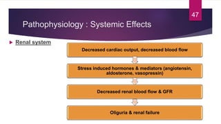 Pathophysiology : Systemic Effects
 Renal system
Decreased cardiac output, decreased blood flow
Stress induced hormones & mediators (angiotensin,
aldosterone, vasopressin)
Decreased renal blood flow & GFR
Oliguria & renal failure
47
 