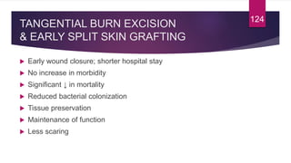 Desirable surgical management
 Excision of all non-shallow burns as soon as practicable in as few stages as
possible
 Cl...