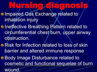 Nursing diagnosis
Impaired Gas Exchange related to
inhalation injury
Ineffective Breathing Pattern related to
circumferential chest burn, upper airway
obstruction.
Risk for Infection related to loss of skin
barrier and altered immune response
Body Image Disturbance related to
cosmetic and functional sequelae of burn
wound.
 