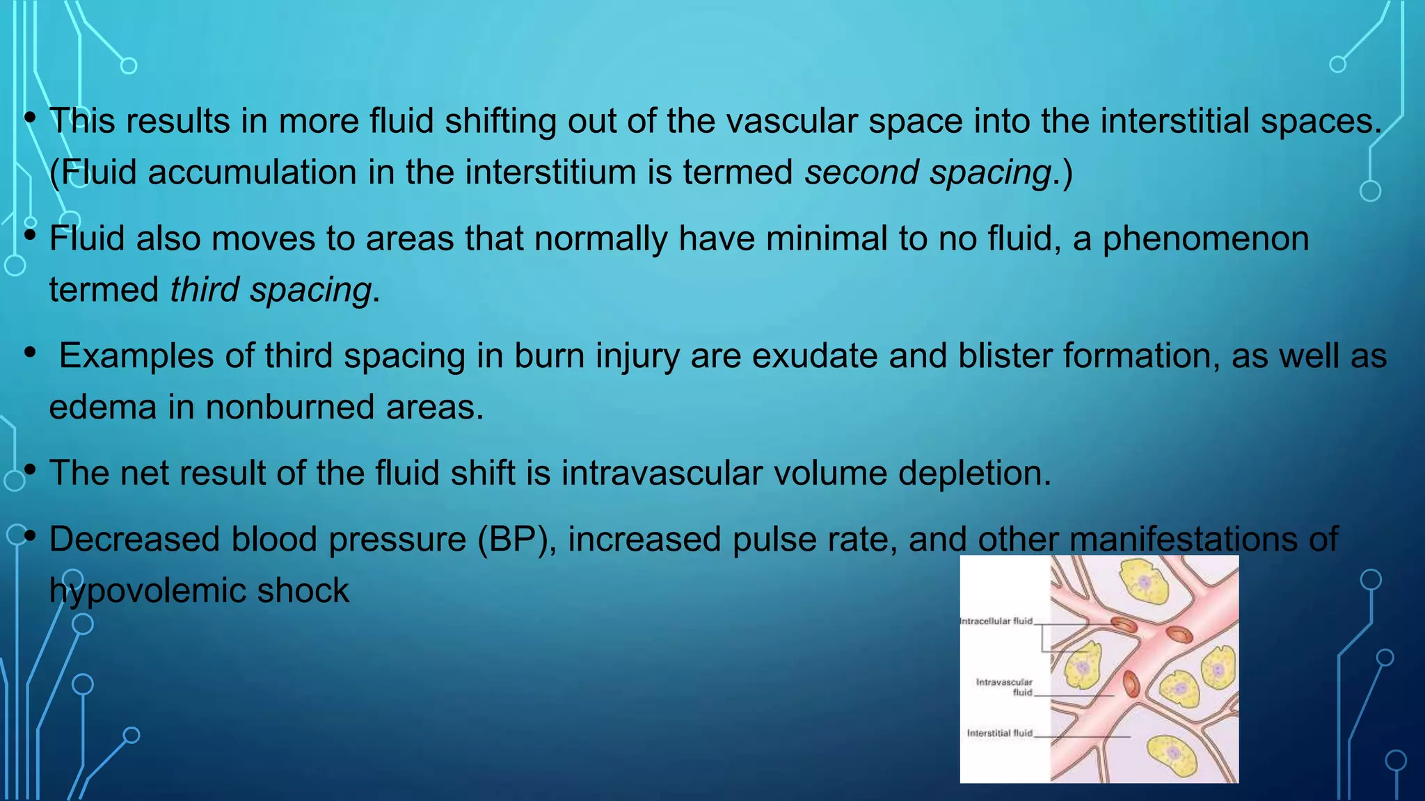 • This results in more fluid shifting out of the vascular space into the interstitial spaces.
(Fluid accumulation in the interstitium is termed second spacing.)
• Fluid also moves to areas that normally have minimal to no fluid, a phenomenon
termed third spacing.
• Examples of third spacing in burn injury are exudate and blister formation, as well as
edema in nonburned areas.
• The net result of the fluid shift is intravascular volume depletion.
• Decreased blood pressure (BP), increased pulse rate, and other manifestations of
hypovolemic shock
 
