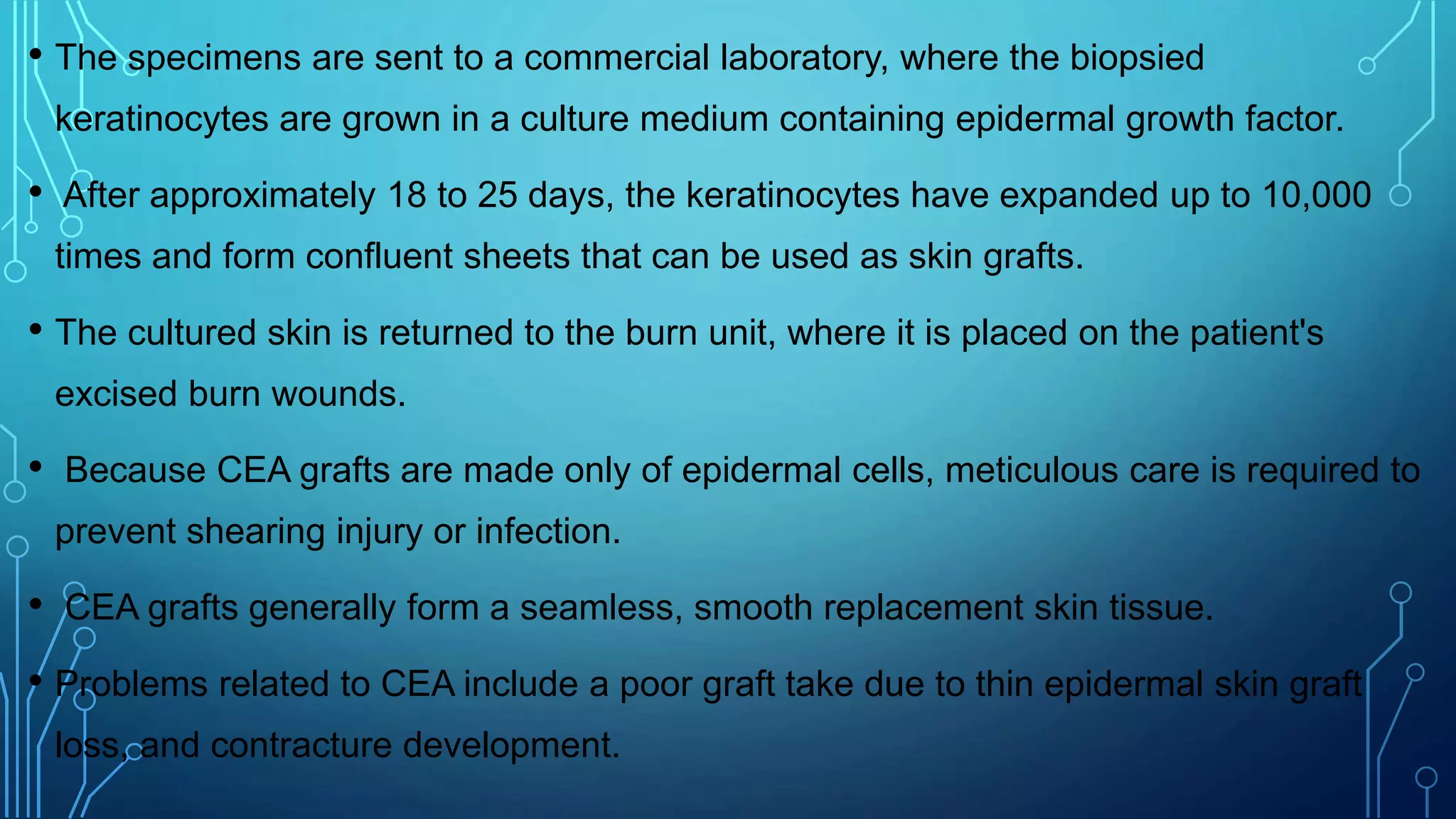• The specimens are sent to a commercial laboratory, where the biopsied
keratinocytes are grown in a culture medium containing epidermal growth factor.
• After approximately 18 to 25 days, the keratinocytes have expanded up to 10,000
times and form confluent sheets that can be used as skin grafts.
• The cultured skin is returned to the burn unit, where it is placed on the patient's
excised burn wounds.
• Because CEA grafts are made only of epidermal cells, meticulous care is required to
prevent shearing injury or infection.
• CEA grafts generally form a seamless, smooth replacement skin tissue.
• Problems related to CEA include a poor graft take due to thin epidermal skin graft
loss, and contracture development.
 
