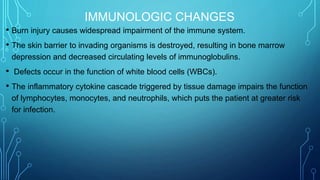 IMMUNOLOGIC CHANGES
• Burn injury causes widespread impairment of the immune system.
• The skin barrier to invading organisms is destroyed, resulting in bone marrow
depression and decreased circulating levels of immunoglobulins.
• Defects occur in the function of white blood cells (WBCs).
• The inflammatory cytokine cascade triggered by tissue damage impairs the function
of lymphocytes, monocytes, and neutrophils, which puts the patient at greater risk
for infection.
 
