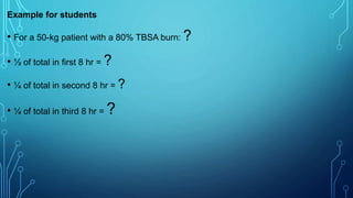 Example for students
• For a 50-kg patient with a 80% TBSA burn: ?
• ½ of total in first 8 hr = ?
• ¼ of total in second 8 hr = ?
• ¼ of total in third 8 hr = ?
 