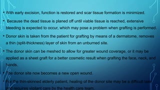 • With early excision, function is restored and scar tissue formation is minimized.
• Because the dead tissue is planed off until viable tissue is reached, extensive
bleeding is expected to occur, which may pose a problem when grafting is performed.
• Donor skin is taken from the patient for grafting by means of a dermatome, removes
a thin (split-thickness) layer of skin from an unburned site.
• The donor skin can be meshed to allow for greater wound coverage, or it may be
applied as a sheet graft for a better cosmetic result when grafting the face, neck, and
hands.
• The donor site now becomes a new open wound.
• For the thin-skinned elderly patient, healing of the donor site may be a difficult task
and requires vigilant care by the health care team.
 