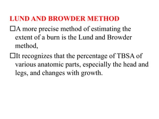 LUND AND BROWDER METHOD
A more precise method of estimating the
extent of a burn is the Lund and Browder
method,
It recognizes that the percentage of TBSA of
various anatomic parts, especially the head and
legs, and changes with growth.
 