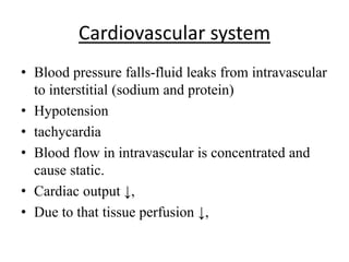 Cardiovascular system
• Blood pressure falls-fluid leaks from intravascular
to interstitial (sodium and protein)
• Hypotension
• tachycardia
• Blood flow in intravascular is concentrated and
cause static.
• Cardiac output ↓,
• Due to that tissue perfusion ↓,
 