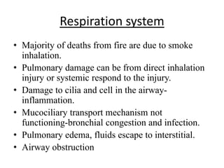 Respiration system
• Majority of deaths from fire are due to smoke
inhalation.
• Pulmonary damage can be from direct inhalation
injury or systemic respond to the injury.
• Damage to cilia and cell in the airway-
inflammation.
• Mucociliary transport mechanism not
functioning-bronchial congestion and infection.
• Pulmonary edema, fluids escape to interstitial.
• Airway obstruction
 