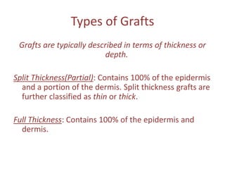 Types of Grafts
Grafts are typically described in terms of thickness or
depth.
Split Thickness(Partial): Contains 100% of the epidermis
and a portion of the dermis. Split thickness grafts are
further classified as thin or thick.
Full Thickness: Contains 100% of the epidermis and
dermis.
 