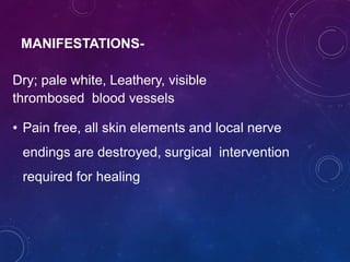 MANIFESTATIONS-
Dry; pale white, Leathery, visible
thrombosed blood vessels
• Pain free, all skin elements and local nerve
endings are destroyed, surgical intervention
required for healing
 