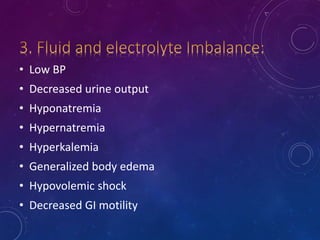 • Low BP
• Decreased urine output
• Hyponatremia
• Hypernatremia
• Hyperkalemia
• Generalized body edema
• Hypovolemic shock
• Decreased GI motility
 