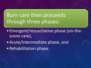 Burn care then proceeds
through three phases:
•Emergent/resuscitative phase (on-the-
scene care),
•Acute/intermediate phase, and
•Rehabilitation phase.
 