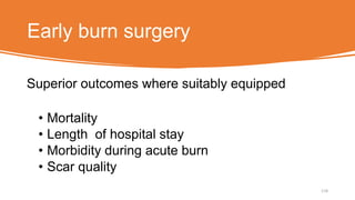 Early burn surgery
Superior outcomes where suitably equipped
• Mortality
• Length of hospital stay
• Morbidity during acute burn
• Scar quality
118
 