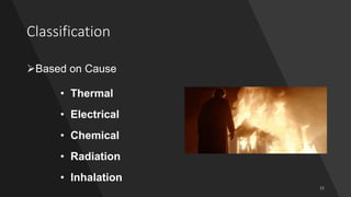 Classification
Based on Cause
• Thermal
• Electrical
• Chemical
• Radiation
• Inhalation
 