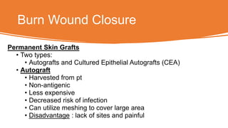 Burn Wound Closure
Permanent Skin Grafts
• Two types:
• Autografts and Cultured Epithelial Autografts (CEA)
• Autograft
• Harvested from pt
• Non-antigenic
• Less expensive
• Decreased risk of infection
• Can utilize meshing to cover large area
• Disadvantage : lack of sites and painful
 