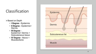 Classification
Based on Depth
• I Degree - Epidermis
• II Degree - Epidermis+
Dermis
• III Degree -
Epidermis+ Dermis +
Subcutaneous tissue
• IV Degree - Above +
Muscles/bone
28
 