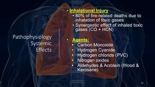 Pathophysiology
: Systemic
Effects
• Inhalational Injury
• 80% of fire-related deaths due to
inhalation of toxic gases
• Synergestic effect of inhaled toxic
gases (CO + HCN)
• Agents:
• Carbon Monoxide
• Hydrogen Cyanide
• Hydrogen chloride (PVC)
• Nitrogen oxides
• Aldehydes & Acrolein (Wood &
Kerosene)
50
 