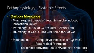 Pathophysiology : Systemic Effects
• Carbon Monoxide
• Most frequent cause of death in smoke induced
inhalational injury
• Pathology : 0.1% of CO  50% Carboxy Hb
• Hb affinity of CO  200-250 times that of O2
• Mechanism: Competitive inhibition of Cyt P450
Free radical formation
(Xanthine dehydrogenase Xanthine Oxidase)
51
 