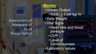 Assessment of
Adequacy of
Fluid
Resuscitation
•Monitor
• Urinary Output
•Adult: > 1 ml/ kg/ hr
• Daily Weight
• Vital Signs
•Heart rate and blood
pressure
•CVP
•Level of
Consciousness
• Laboratory values
 