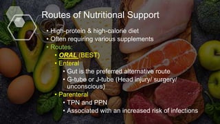 Routes of Nutritional Support
• High-protein & high-calorie diet
• Often requiring various supplements
• Routes:
• ORAL (BEST)
• Enteral
• Gut is the preferred alternative route
• G-tube or J-tube (Head injury/ surgery/
unconscious)
• Parenteral
• TPN and PPN
• Associated with an increased risk of infections
 